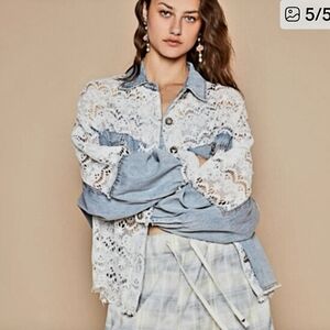 POL Blue and White Lace Jean Jacket